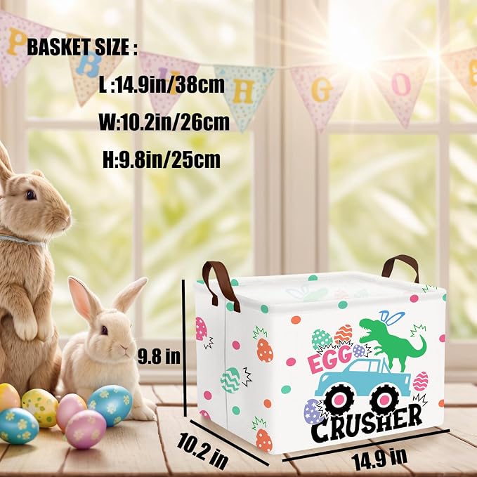 Kid Rectangular Empty Easter Basket for Girl Boy Bunny Eggs Easter Basket Gift Baby Room Decor Storage Organizer (Monster Truck Dinosaur)