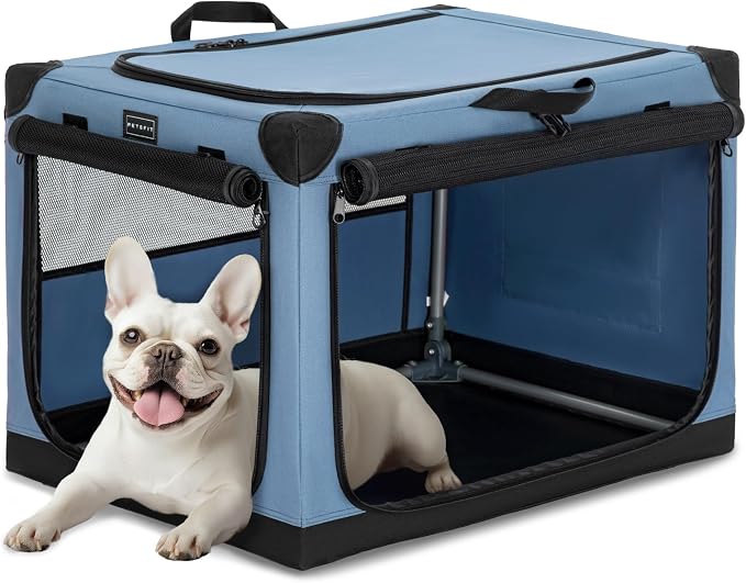 PETSFIT 26" Soft Portable Dog Crate – Patented Spiral Sturdy Frame, Collapsible Travel Kennel for Small Dogs, 3 Mesh Door, Lockable Zippers, Indoor & Car Use Blue