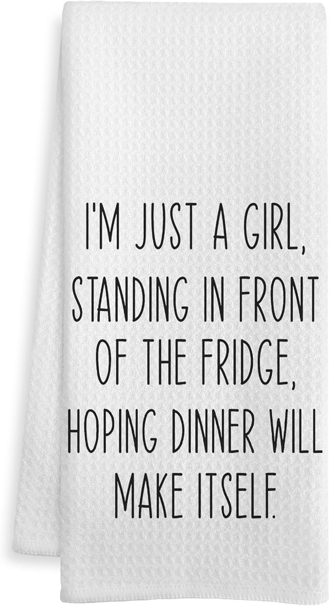 Funny Sarcastic Kitchen Towels, Funny Gifts Dish Tea Towel, I’m Just a Girl Standing in Front of The Fridge Humorous Hand Towels for Kitchen Decor, 16x24 Inch