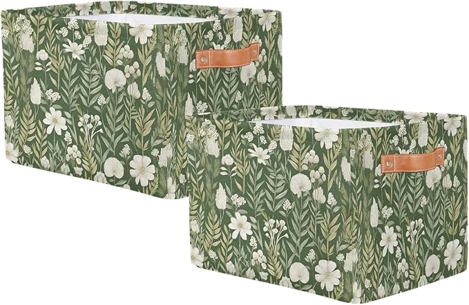 White Flower Green Leaf Rectangular Storage Bin Collapsible Storage Basket Organizer Boxes with Leather Handle Storage Cube for Shelves Toy Laundry Nursery 2 PC
