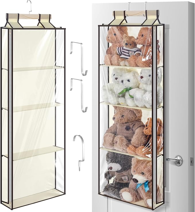 SATINIOR Hanging Stuffed Animal Storage with Zippers Dustproof over The Door Organizer with Large Pockets Different Hanging Methods for Shoes, File(Transparent,4 Layer)