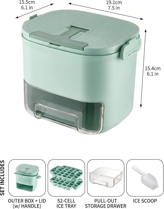 Press-Type Ice Cube Tray 52-Grid Mold with Storage Bin, Mint Green | Food-grade PET, odor-free lid, portable handle, includes scoop, easy release, for freezer, home bar, whiskey, cocktails