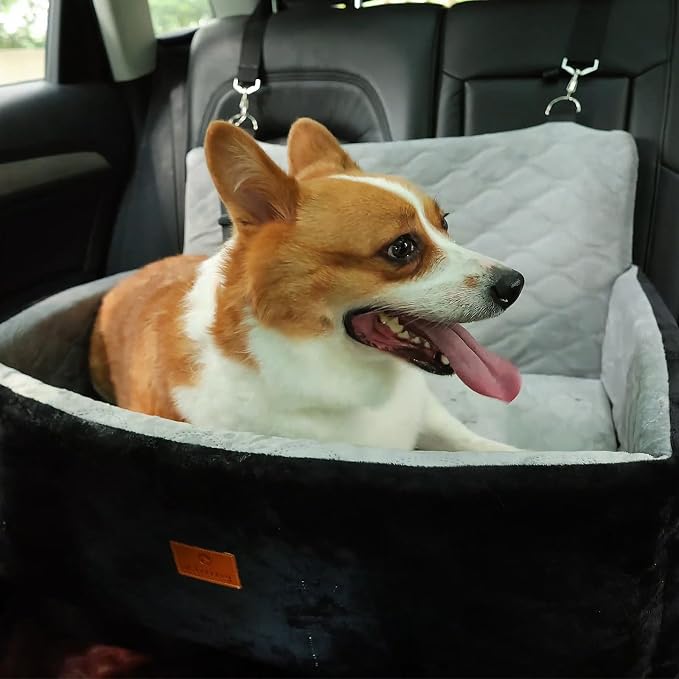 Dog/Cat Car Seat Pet Booster Seat for Dogs/Cats up to 60 lbs | Suitable for Small/Medium Pet Memory Foam with Detachable Washable Cover Travel-Safe Car Bed with Safety Belt/Storage Pocket