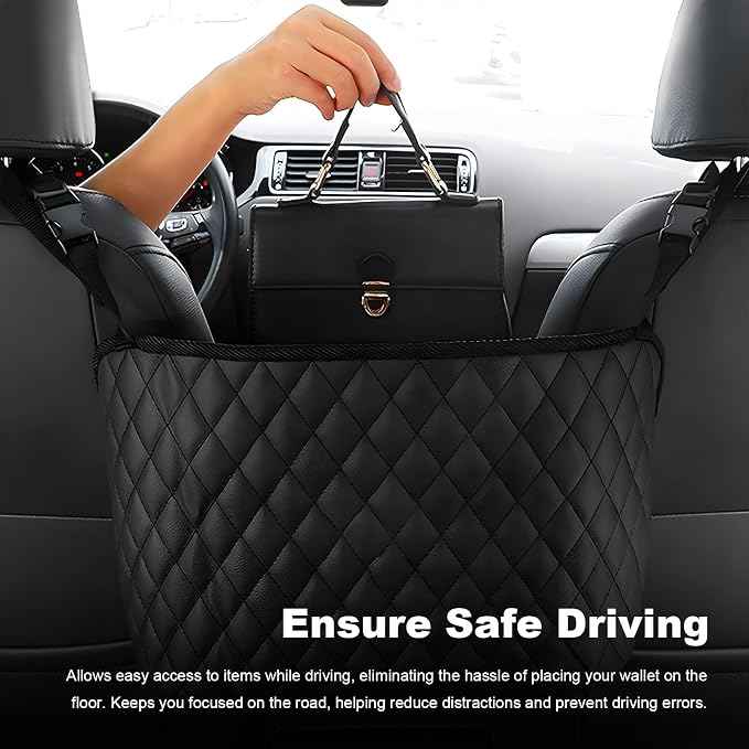 Car Net Pocket Handbag Holder, Large Capacity PU Leather Auto Purse Holder Storage Bag for Front Seats, Driver Storage Netting Pouch Barrier of Backseat Pet, Car Accessories (Regular)