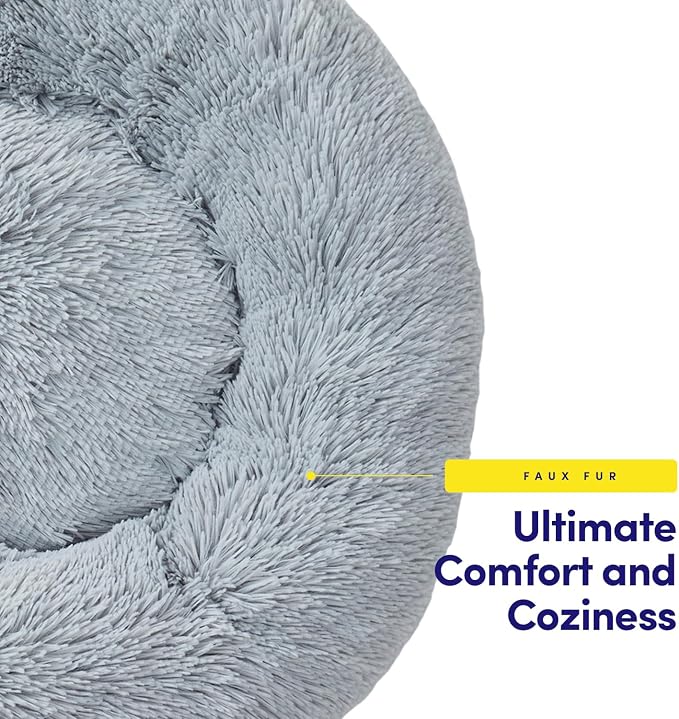 Dog & Cat Bed: Round Faux Fur Pet Bed - Plush, Cozy, & Calming Donut Bed for Small Pets - Soft & Comfortable Sleeping Cushion for Napping & Lounging, 20" Round, Silver