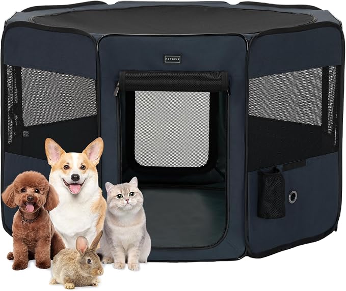 PETSFIT 45.5" Dog Playpen with Dual Zipper Doors | Sturdy Foldable, For Large & Medium Dogs, Removable Mesh Top, Leakproof Bottom