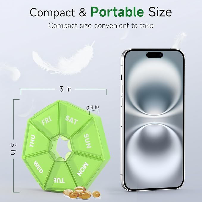 Weekly Pill Organizer, 2 Pack Portable Travel Pill Box, 7 Day Pill Case | Easy Open, BPA-Free, Arthritis Friendly Medicine Pill Container, Medicine Case for Vitamins,Supplements Medications, Green