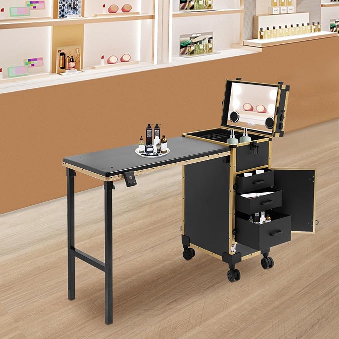 Professional Cosmetic Trolley Storage Organizer, Foldable Nail Tables Travel Cosmetic Trolley Storage Organizer w/ 4 Drawers Mirror & Speaker for Hair Stylists Pet Groomers Makeup Artists (Black Gold)