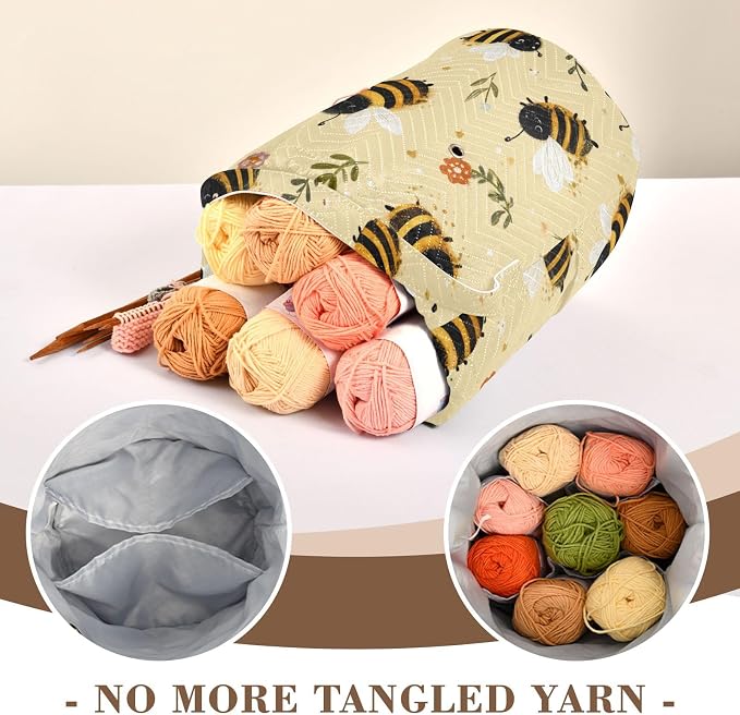 Tatenale Crochet Bag Yarn Bag Knitting Project Bag with Pockets and Handle Portable Yarn Storage Organizer Tangle Free 8.3x11 InchLight Yellow Bees Flowers Dots24