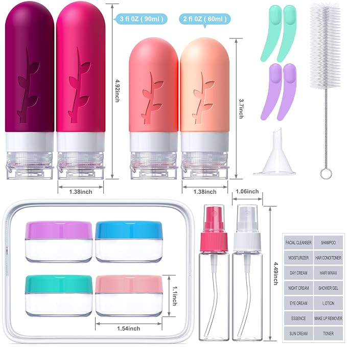Tocelffe Travel Bottles for Toiletries, Tsa Approved Silicone Containers for Toiletries, Leak Proof Refillable Liquid 3oz 2oz Travel essentials for Shampoo Conditioner Lotion BPA Free