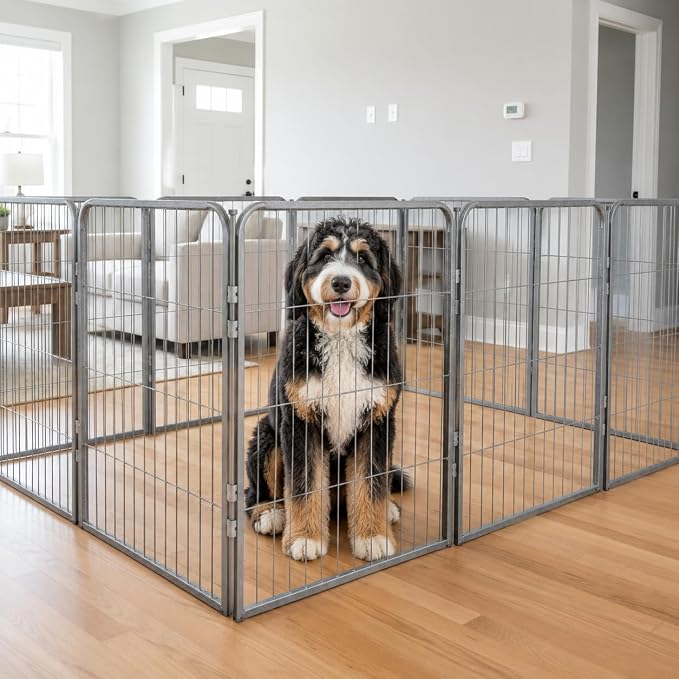 Indoor Dog Playpen - 32 inch, 24 Panels for Small and Medium Size Dogs - Play Pen w/Extra Wide Gate - Heavy Duty Metal Portable Pet Fence with Grey Anti-Rust Coating