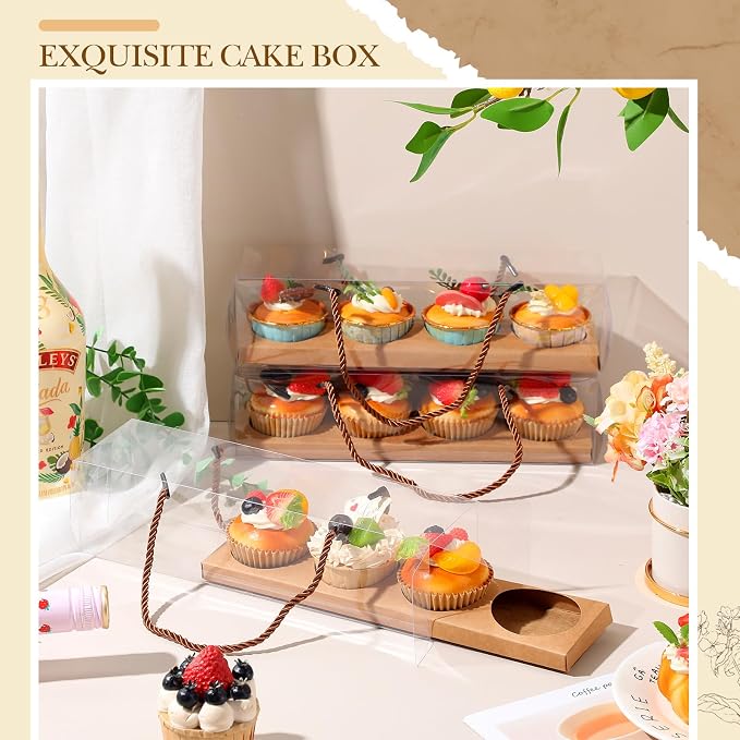 Thenshop 24 Pcs Mother's Day Cupcake Boxes Mother's Day Treat Boxes Clear Cupcake Box with Handle 4 Bakery Cake Box Rectangular Cake Containers for Donuts Pastries Best Mom Gift(Brown)