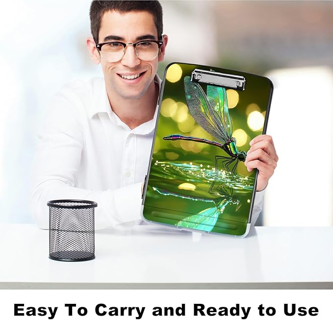 A4 Clipboard with Storage Pen Holder, Clipboards Organizer Nursing Clipboard Foldable File Folder Plastic Clipboard Folio Clip Board for Office Work Classroom Doctor, Green Dragonfly