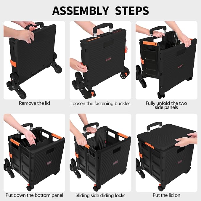 Foldable Utility Cart Collapsible Crate Rolling Carts with Stair Climbing Wheels Rolling Tote Basket Teacher Cart with Lid Wear-Resistant 360°Rotate Wheel Noiseless for Moving Office-Black