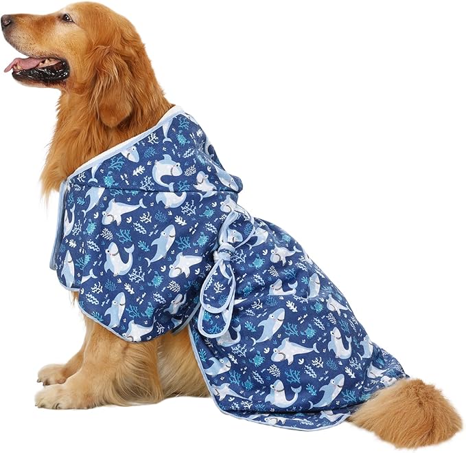 HDE Dog Bathrobe Super Absorbent Quick Drying Puppy Towel Wrap Coat Adjustable After Bath Robes with Hood for Dog Sizes S-XXL Sharks XL