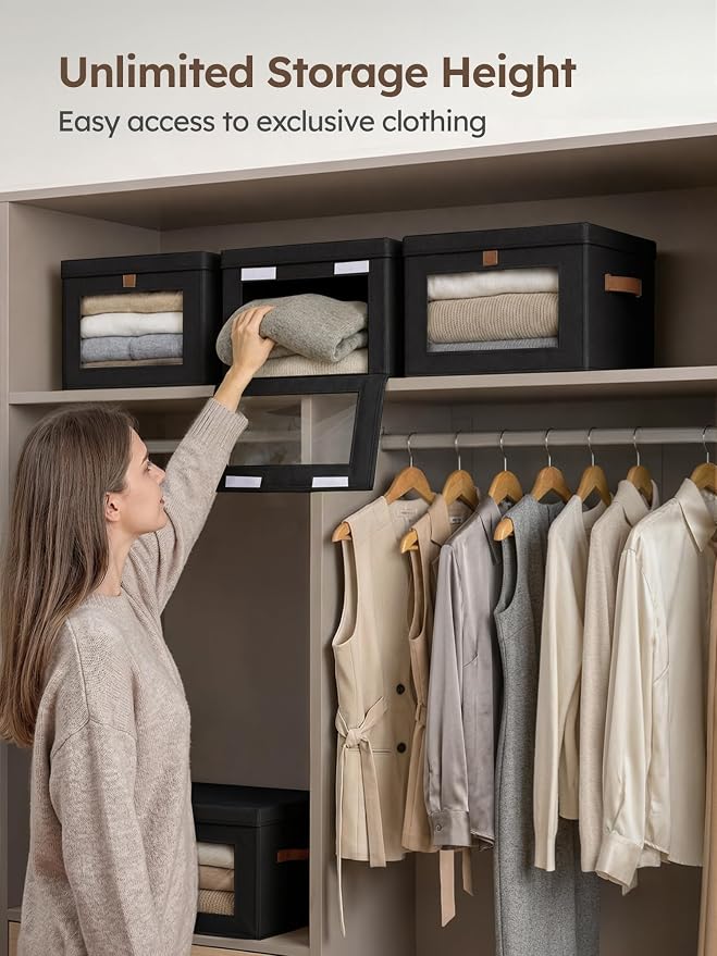 Medium Fabric Storage Bins - Closet Shelf Organizer with Open Window, 5 Pack Closet Baskets for Shelves, Stackable Decorative Boxes for Home, Dorm, Black, 13.7" x 9.8” x 9.8"