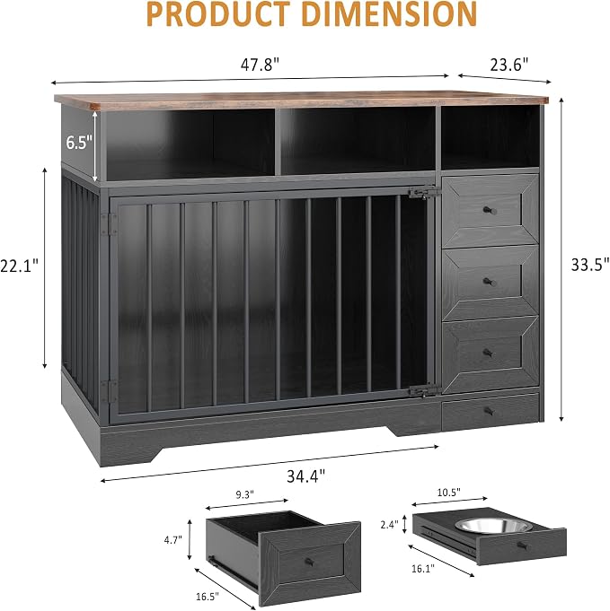 GarveeLife 48'' Dog Crate Furniture with Bowl, Medium Dog Cage, Black | Farmhouse Heavy Duty Dog Kennel with Storage Drawers, End Table for Small Medium Dogs