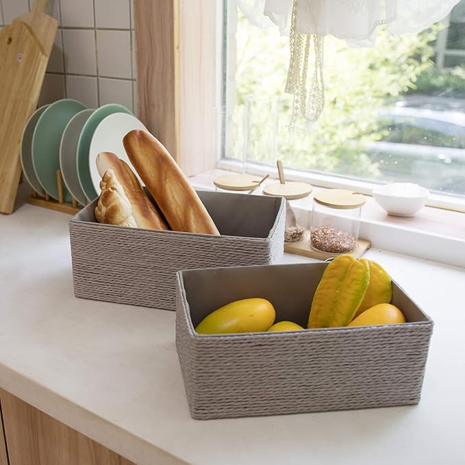 LA JOLIE MUSE Bathroom Basket Organizers, Paper Rope Storage, Grey 4 Pack