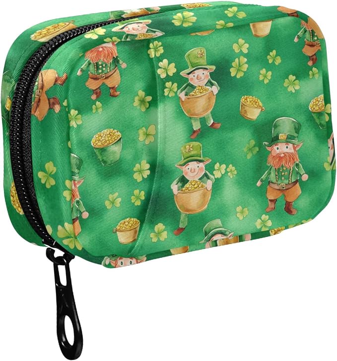 Fustylead Leprechauns and Pots of Gold on Green Background Travel Pill Organizer Bag with Zipper Small Pill Box 7 Day Pill Case for Purse Storage Weekly Vitamin Medicine Supplement