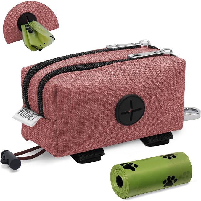 Dog Poop Bag Holder with Treat Pouch, 2 Zipper Pockets & Leash Clip | Waste Bag Dispenser with 1 Roll Poop Bags, Quick Access Treat Storage, Hands-Free Design for Dog Walking, Training & Travel