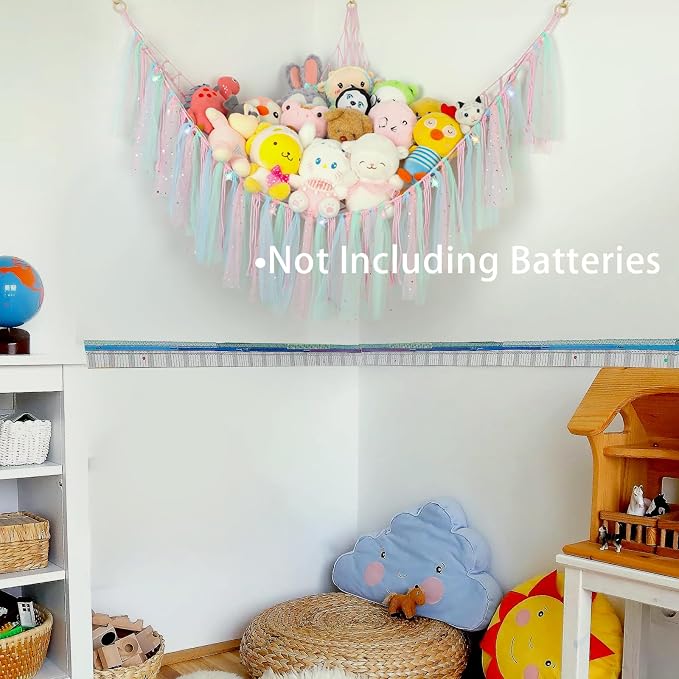 Stuffed Animal Hammock with LED Lights - 59 Inch Large Toy Storage Net for Kids Bedroom, Wall-Mounted Plush Organizer with Wooden Rings, Nursery Decor (Handwoven, Pink)