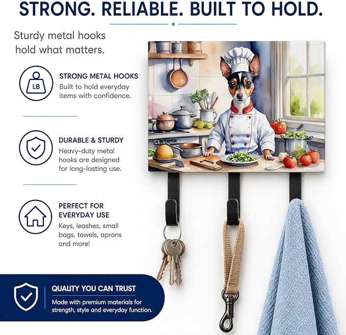Caroline's Treasures Rat Terrier The Chef Leash or Key Holder Wall Hooks, Key Hooks Holder, Coat Rack Wall Mount, Coat Hooks, Hooks for Hanging Keys, Towels, Aprons, Leashes | Rat Terrier The Chef artwork on ceramic tile with three steel hooks for keys...