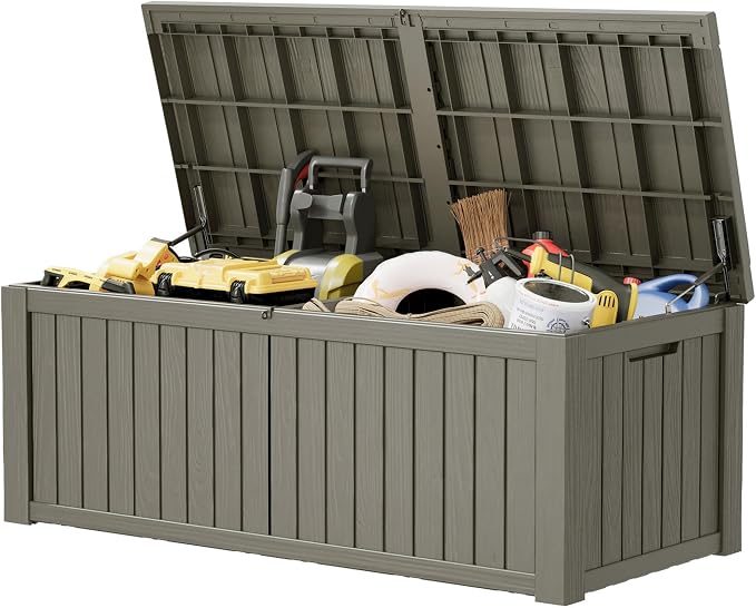230 Gallon Outdoor Storage Box Waterproof Deck Box for Patio | Gray, Resin, Large, Weatherproof, Divider, Lockable, Hydraulic Rod, Easy Assembly, Patio Cushions Storage, Organization