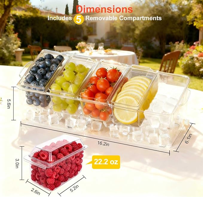 Large Ice Chilled Condiment Caddy，Chilled Condiment Containers Server with Lids for 5 Removable Compartments ，Serving Platters , Fruit & Garnish Tray for Party Supplies & Bar Accessories-Transparent