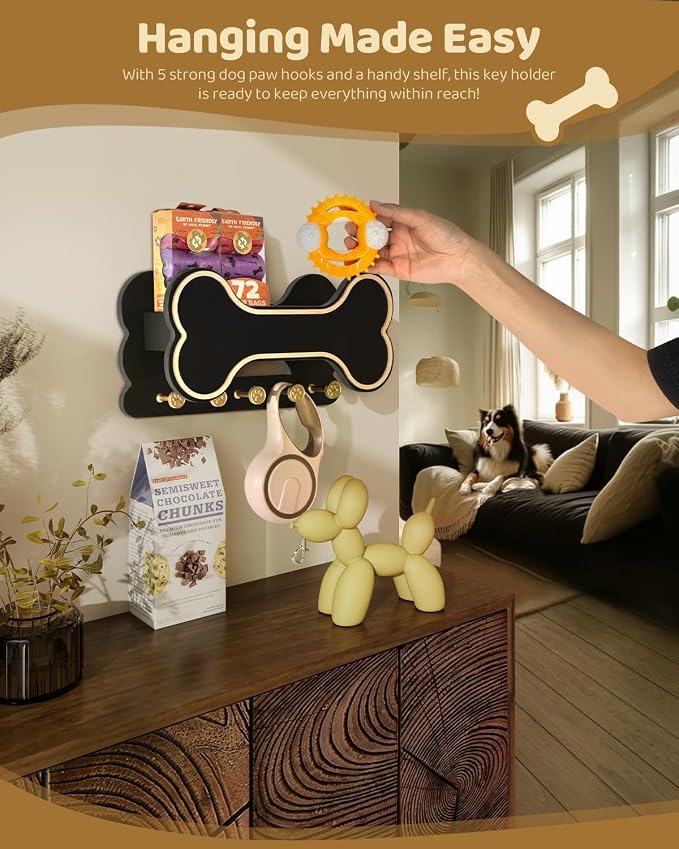 MTERSN Cute Dog Leash Holder for Wall for Dog Stuff Organizer, Black