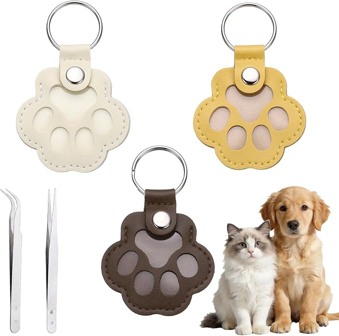 Dog Fur Storage Keychain, Pet Fur Keepsake Keyrings, Paw Shaped, Pet Hair Keepsake Keychains with Tweezers