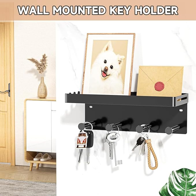 YWHWXB No Drill Dog Leash Holder Wall Mount, Pet Hooks & Shelf (Black) | Heavy-duty metal structure All-in-one entryway organizer Multi-scenario use Hassle-free setup & care