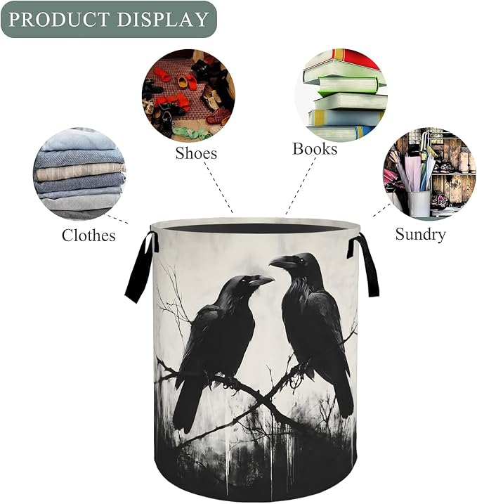 Gothic Raven Laundry Basket Hamper, Organizer Bins Gifts for Women Kids, Goth Dark Tree Crow Foldable Waterproof Clothes Hamper Handles Storage Bucket for Bedroom Bathroom Room Decor 19.7"x15.7"