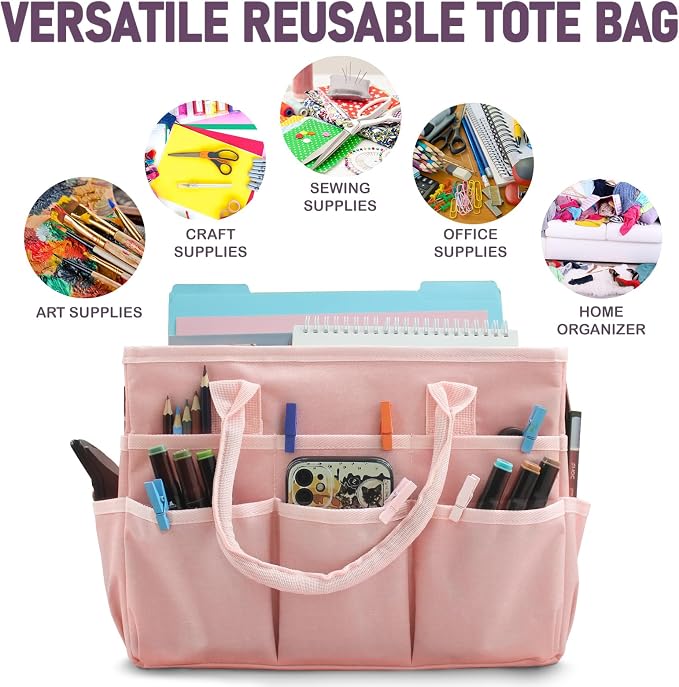 Cupohus Craft Organizer Bag, Pink Art Supply Tote with Multiple Pockets | Portable Storage Tote for Scrapbooking, Journal, Sewing, Oxford Fabric Carrying Caddy for Teacher, Officer, Artist
