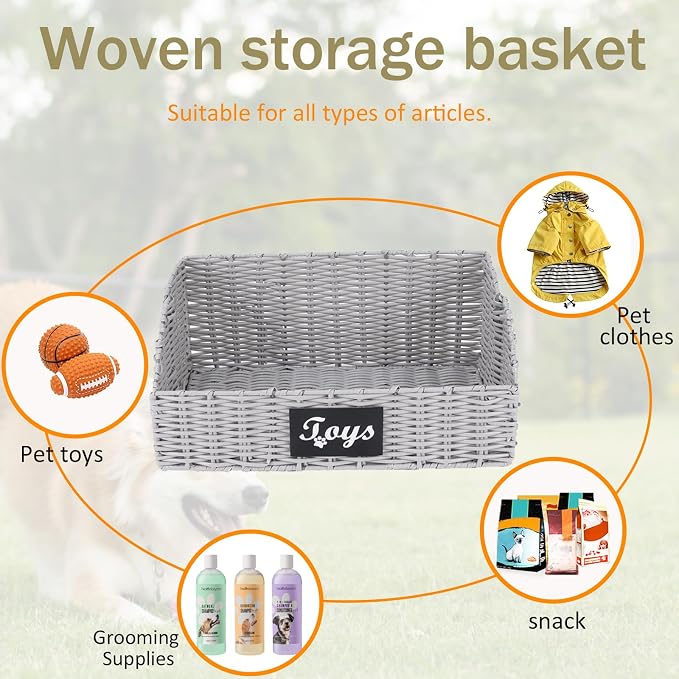Dog Toy Basket,Cat Toys Bin,Woven Storage basket for Dog Cat Toys,Foldable Dog Toy Box for Living Room Area,Pet Organizer with Wire Frame,Ideal for Pet Accessories(Gray)