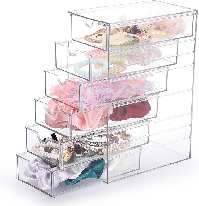 Hipiwe Plastic Drawer Organizer Desktop Storage Box with 6 Pull Out Drawers | Drawers Box for Bathroom, Dresser, Cosmetic Hair Tie Container for Women