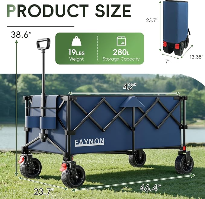 46" L Collapsible Foldable Extended Wagon, 500LB Weight Capacity with 280L Heavy Duty Folding Cart,Utility Wagon with All-Terrain Beach Wheel & Drink Holders,Blue