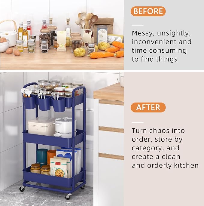 3-Tier Plastic Rolling Storage Cart Utility Cart Blue | Utility Cart with Extra Hanging Cups Arc-Shaped Handles Lockable Wheels for Living Room Bathroom Kitchen Office