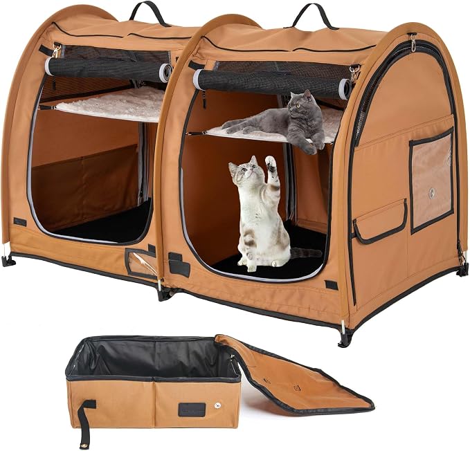 Mispace Portable Twin Compartment Show House Cat Cage/Condo - Easy to Fold & Carry Kennel - Comfy Puppy Home & Dog Travel Crate with Portable Carry Bag/Two Hammocks/Mats and Collapsible Litter Box