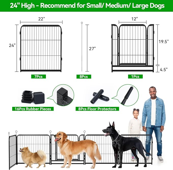 Kfvigoho Dog Playpen Outdoor Extra Wide 16 Panels Heavy Duty Dog Fence 24" | Anti-Rust Coating-Strengthened Dog Fence with Doors Portable for RV Camping Yard, Total 29FT, 68 Sq.ft, Snowy Black