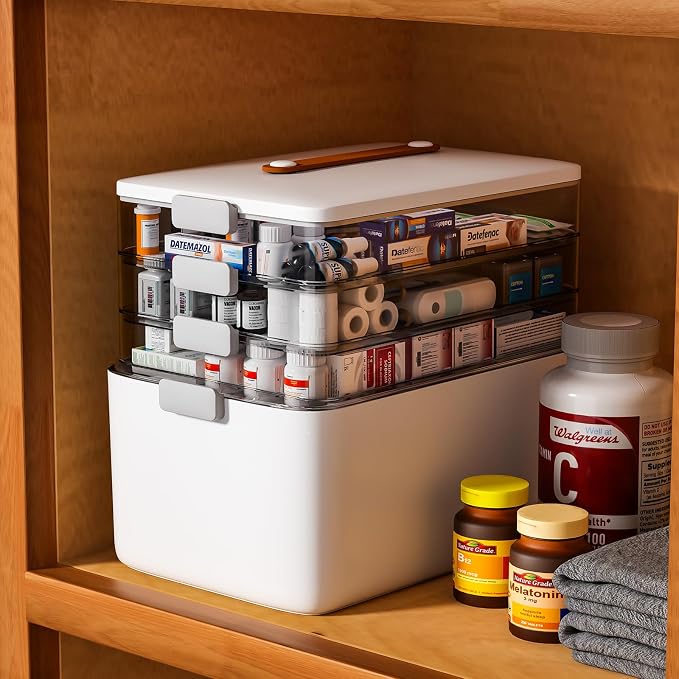 funest 4- Tier Medicine Storage Box Organizer Portable First Aid kit Box Sewing, Art, Craft with Handle, Multipurpose Medical Supply Organizer with Removable Tray