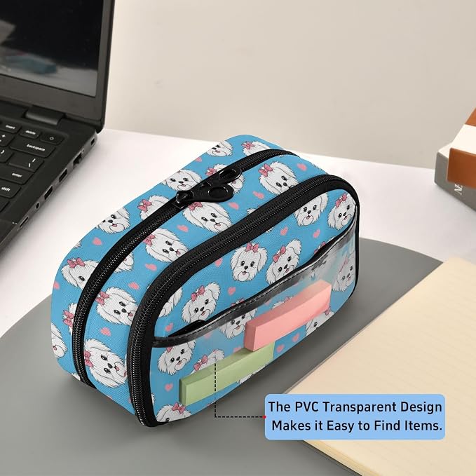 Cute Pets Dog Blue print Large Capacity Pencil Case with Zipper Water Resistant Portable Organizer Pen Bag for Office Students School