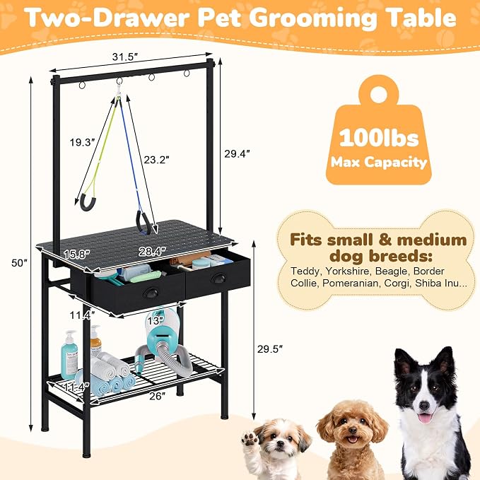 Cutogxon Dog Grooming Table for Small Dogs at Home | Adjustable Height Pet Grooming Table with Double Drawers,Mesh Tray,Non-slip Removable Washable Mat and EVA Protective Lanyard