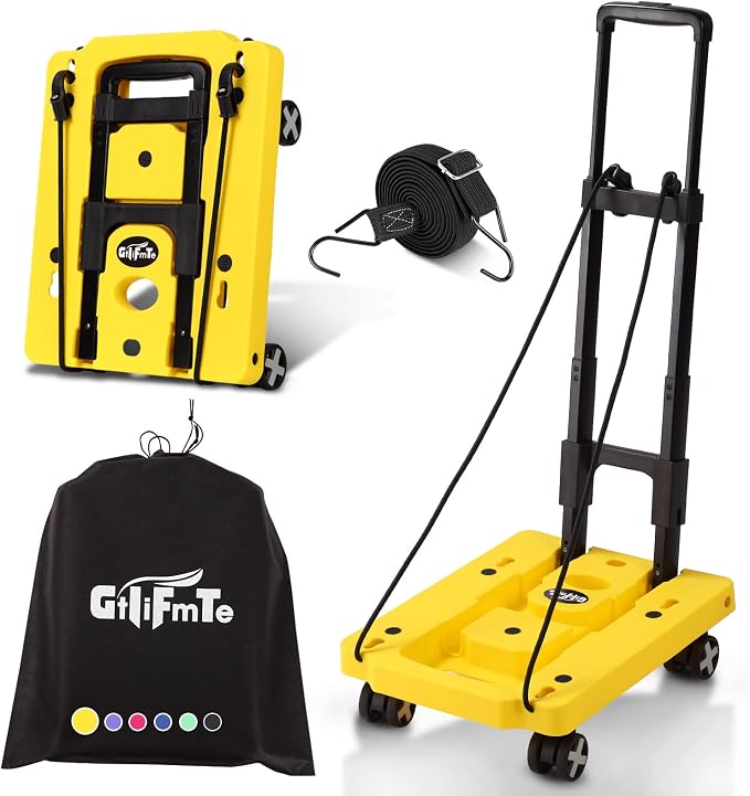 GtIiFmTe Foldable Hand Truck, Lightweight Luggage Cart for Airport Car Seat | Compact Folding dolly with Rotating swivel wheel,storage size12×15.7×4.1",300lbs Load,Upright Lock Handle with 3bungee cords