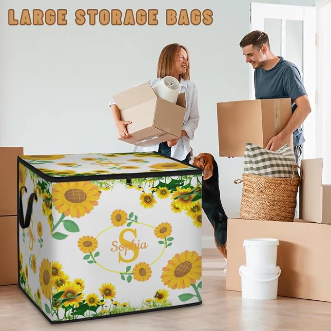 Personalized Extra Storage Bins with Lid, Customized Name Initial Letter Jumbo Storage Basket Rectangle Clothes Organizer for Organizing Kids and Pets Toys Shelf Closet, Summer Sunflowers