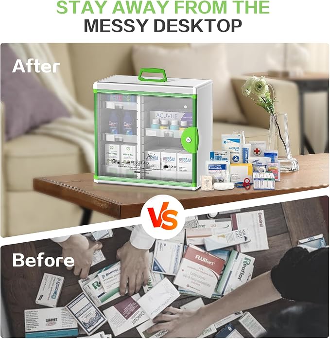 Lockable Medicine Cabinet with 5 Removable Trays, Wall Mounted & Portable Locking Medicine Cabinet Organizer with Key Lock for Home, Bathroom, Office - Aluminum Alloy Frame(13.6x13.4x6.5Inch)