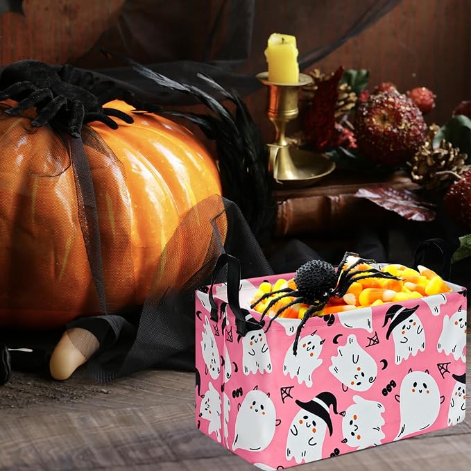 Halloween Pink Ghost Storage Basket Gift Shelf Basket Storage Bin, Toys Nursery Basket Organizer Box for With Handles for Room Deco