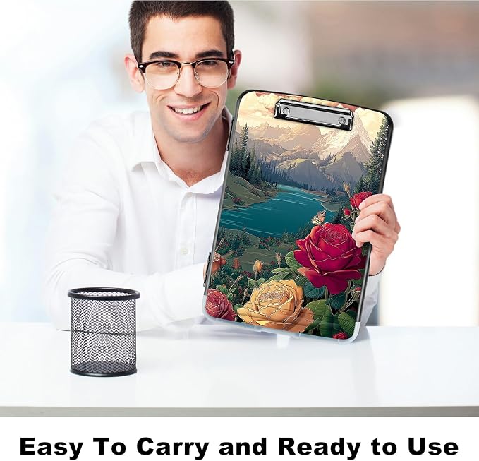 A4 Clipboard with Storage Pen Holder, Clipboards Organizer Nursing Clipboard Foldable File Folder Plastic Clipboard Folio Clip Board for Office Work Classroom Doctor, Rose Mountain Clouds