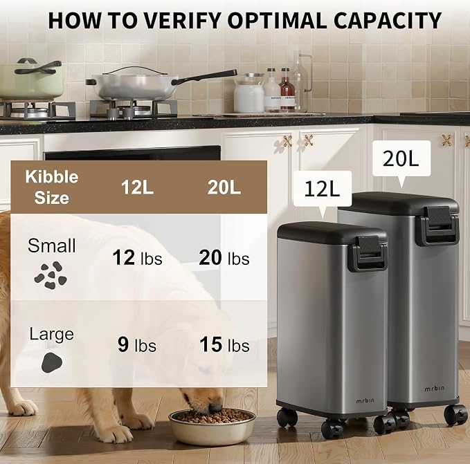 MRBIN Pet Food Bin 20 LB / 15 LB, Dog Food Storage Bin 20L with Scoop Airtight Pet Food Container Stainless Steel Large Containers with Wheels, Eclipse Grey