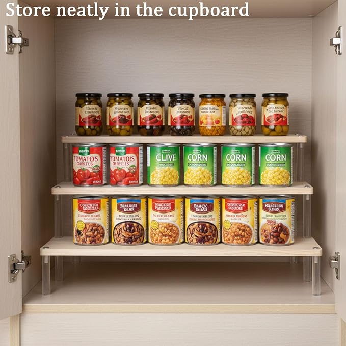 3-Tier Wood and Acrylic Can Organizer for Pantry, Countertop Canned Food Storage Rack, Tiered Display Shelf for Soup, Soda, Pet Food, Kitchen Cabinet