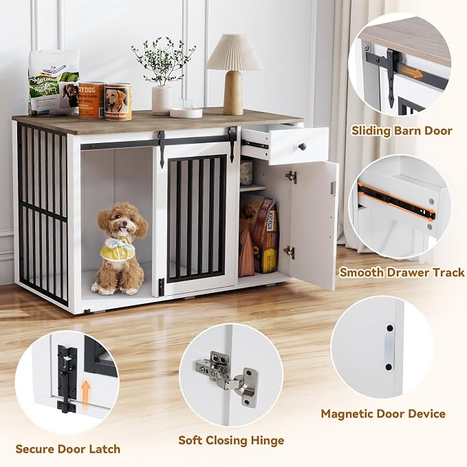 Verano Garden 44" Dog Crate Furniture, Dog Kennel (44" Right Facing Door) | 2-in-1, Lockable, Sliding Door, Removable Divider, Adjustable Shelf, Farmhouse, Heavy Duty, Small Medium Dogs, White